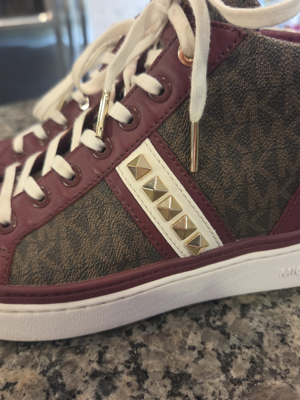 Women's High-Top Sneakers in Burgundy and Brown with Gold Stud Detail